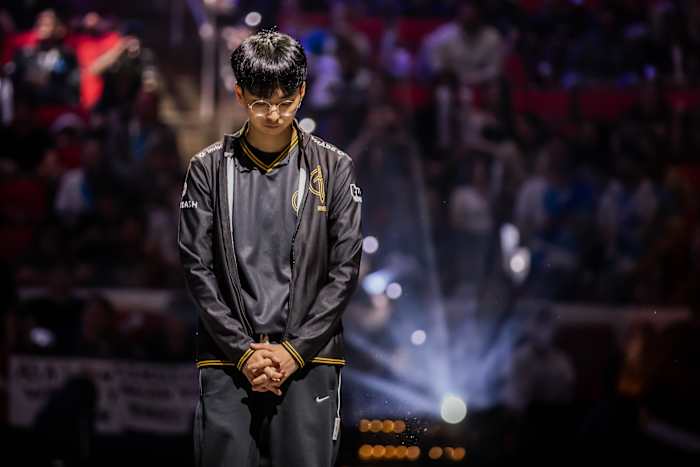 Kim "River" Dong-woo of Golden Guardians is seen onstage during the opening ceremony of the 2023 LCS Spring Finals at the PNC Arena on April 9, 2023. (Photo by Reece Martinez/Riot Games)